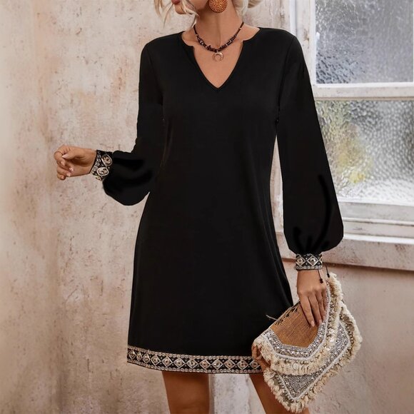2/$50 Black Boho Long Sleeve Mini Dress with Embroidered Trim V-Neck Tunic Sz M - Picture 6 of 8